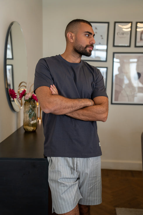 Men summer pajama set Dark Grey T-shirt + Light Grey X White Stripes Short
